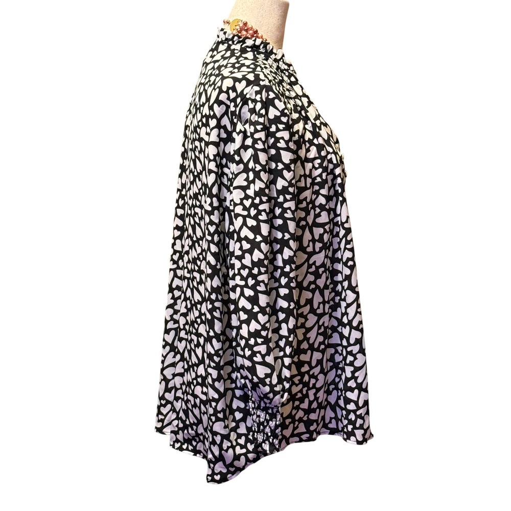 Philosophy‎ Woman Black White All Hearts Ruffle Neck Bishop Sleeve Blouse Top 1X - Picture 2 of 8